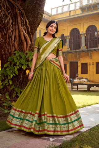 Mehendi Pure Chanderi Zari Weaving Lehenga Choli Set with Gotta Patti Detailing & Matching Dupatta – 4-Meter Flair Fully Stitched Ethnic Wear ClothsVilla