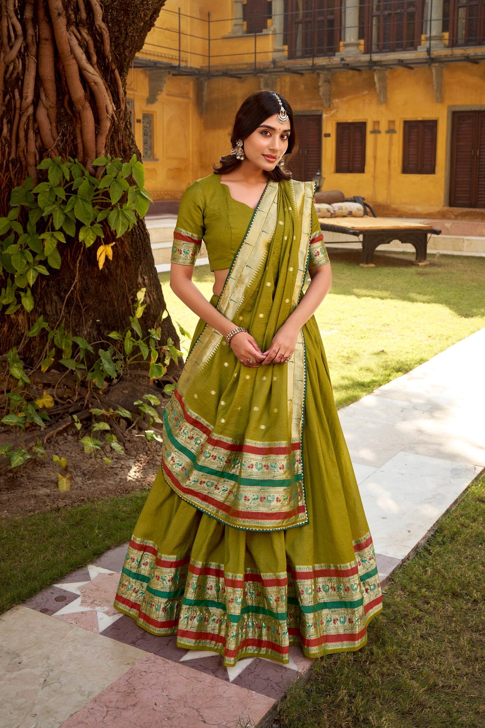 Mehendi Pure Chanderi Zari Weaving Lehenga Choli Set with Gotta Patti Detailing & Matching Dupatta – 4-Meter Flair Fully Stitched Ethnic Wear ClothsVilla