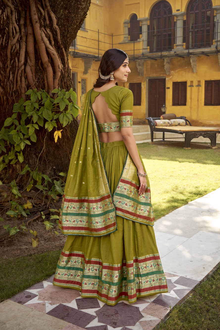 Mehendi Pure Chanderi Zari Weaving Lehenga Choli Set with Gotta Patti Detailing & Matching Dupatta – 4-Meter Flair Fully Stitched Ethnic Wear ClothsVilla