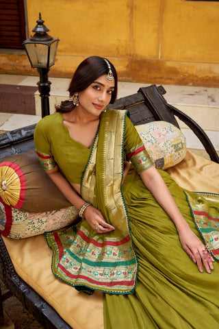 Mehendi Pure Chanderi Zari Weaving Lehenga Choli Set with Gotta Patti Detailing & Matching Dupatta – 4-Meter Flair Fully Stitched Ethnic Wear ClothsVilla