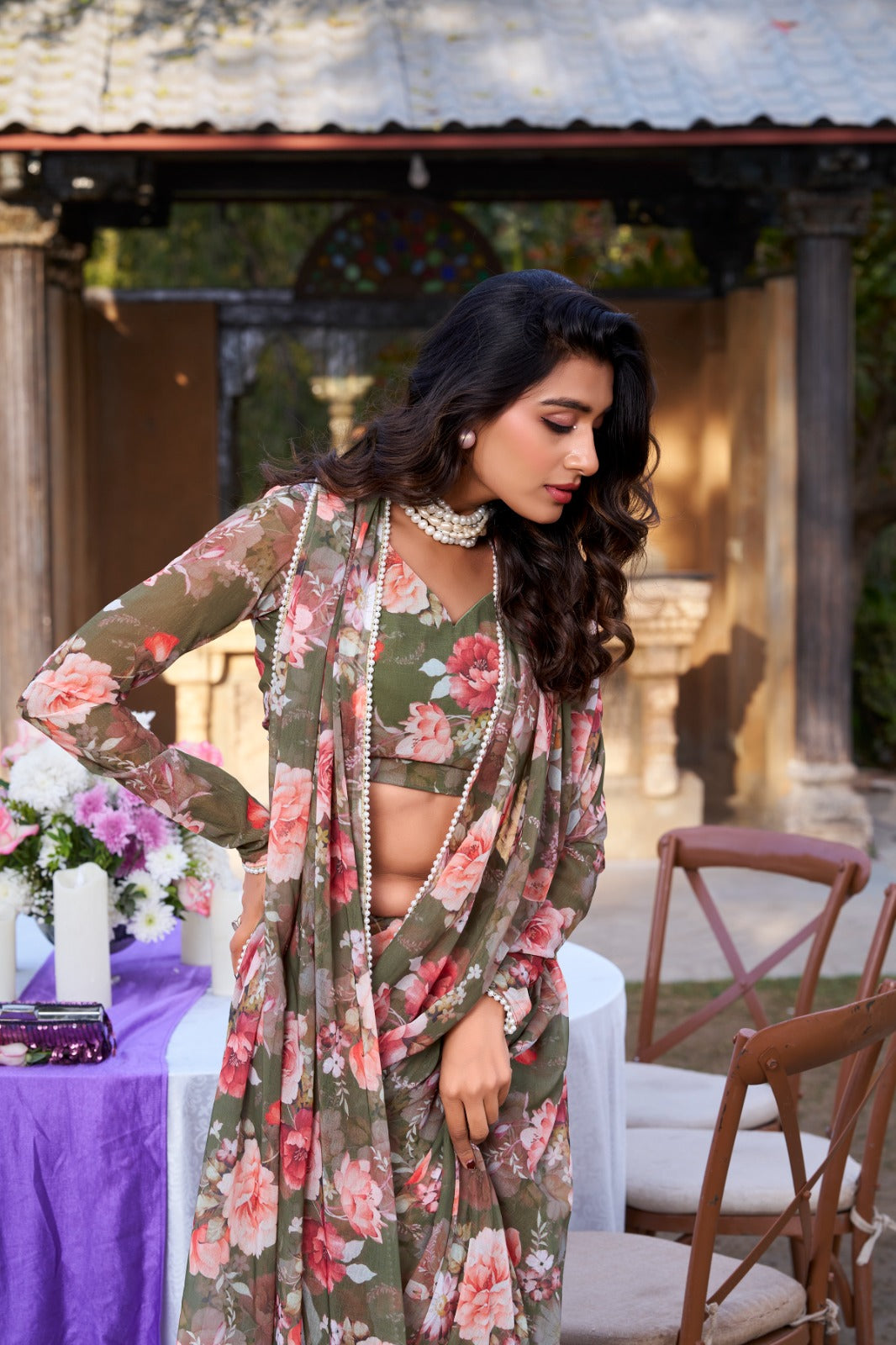 Mehendi Refined Beauty Weightless Marble Printed Saree with Pearl Lace Border Clothsvilla