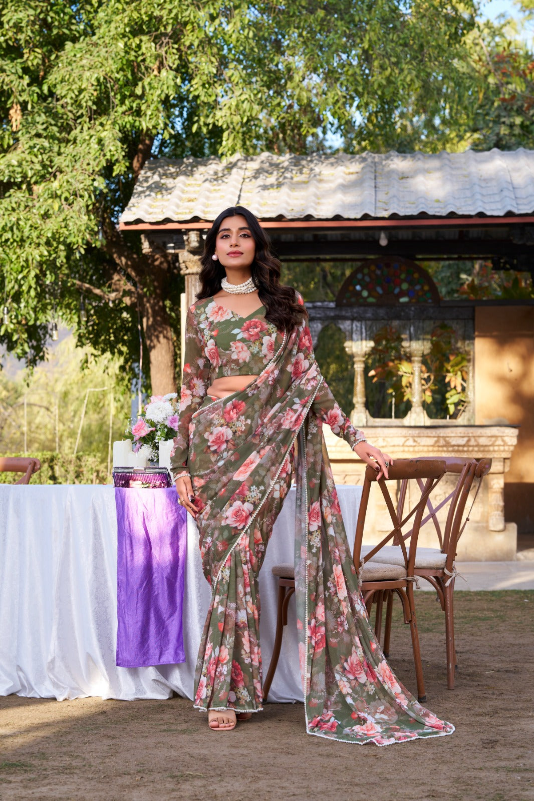 Mehendi Refined Beauty Weightless Marble Printed Saree with Pearl Lace Border Clothsvilla