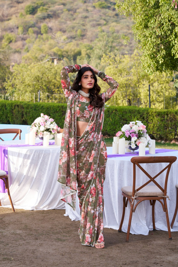Mehendi Refined Beauty Weightless Marble Printed Saree with Pearl Lace Border Clothsvilla