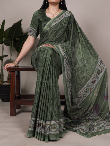 Mehendi Stylish Printed Crepe Saree with Matching Blouse Piece ClothsVilla