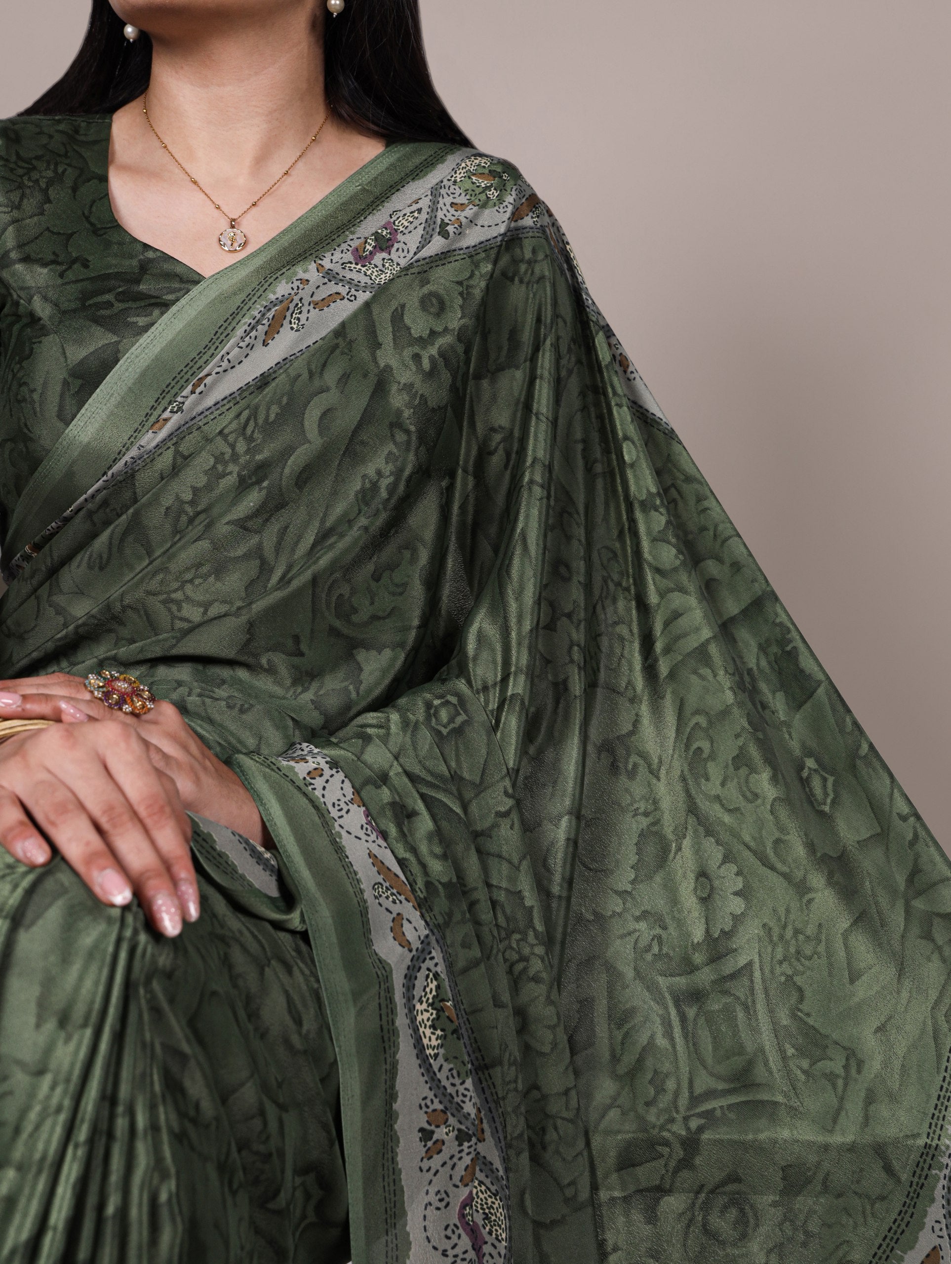 Mehendi Stylish Printed Crepe Saree with Matching Blouse Piece ClothsVilla