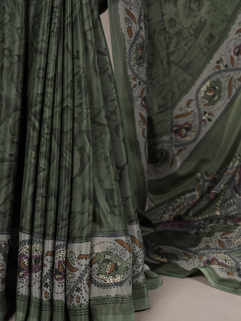 Mehendi Stylish Printed Crepe Saree with Matching Blouse Piece ClothsVilla