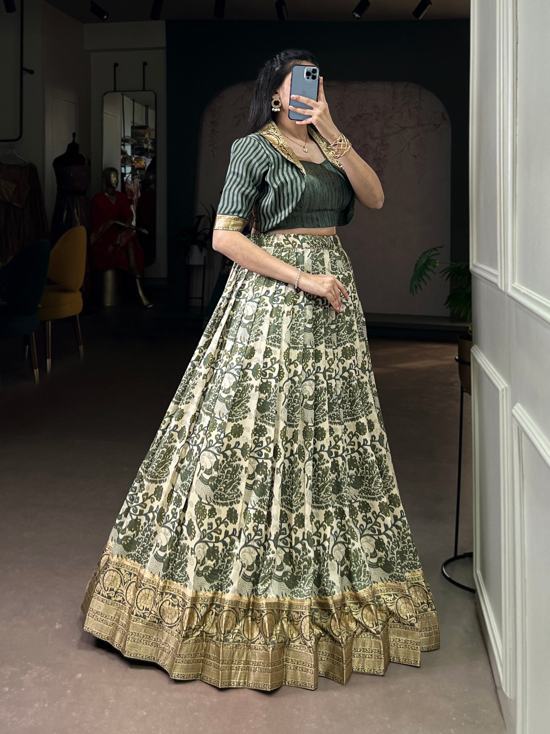 Mehendi Tasar Silk Printed Lehenga Choli Set Secondary image