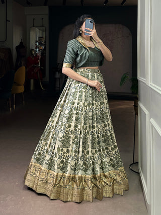 Mehendi Tasar Silk Printed Lehenga Choli Set