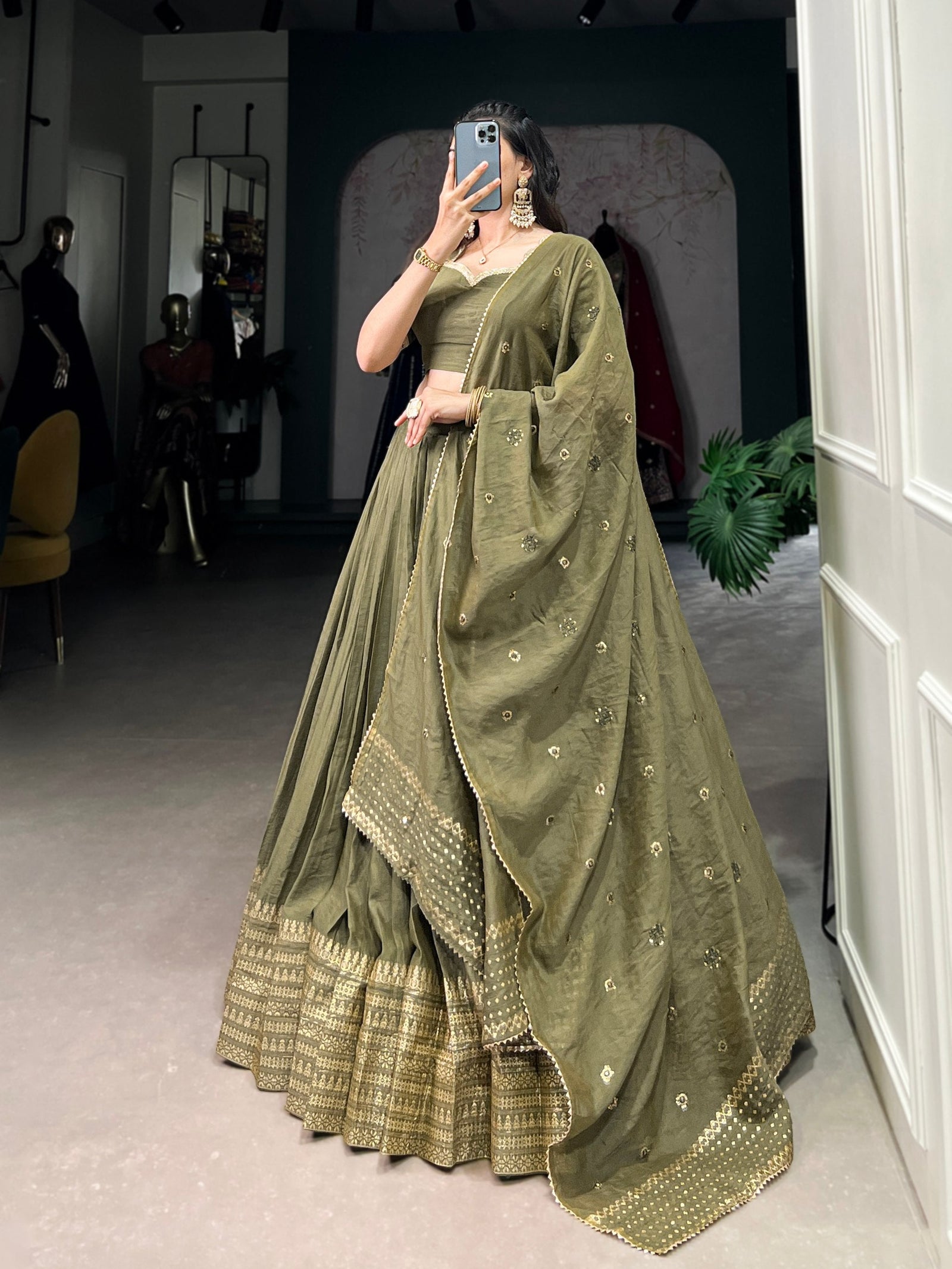 Mehendi Timeless Elegance – Pure Chanderi Lehenga Set with Zari Border & Sequin Embellished Dupatta ClothsVilla