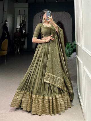 Mehendi Timeless Elegance – Pure Chanderi Lehenga Set with Zari Border & Sequin Embellished Dupatta ClothsVilla