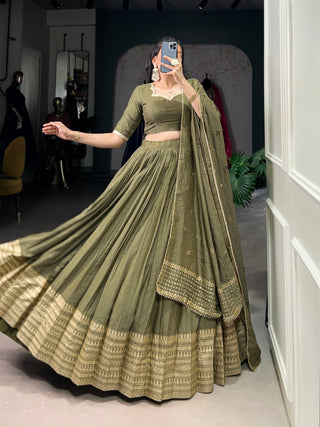 Mehendi Timeless Elegance – Pure Chanderi Lehenga Set with Zari Border & Sequin Embellished Dupatta ClothsVilla