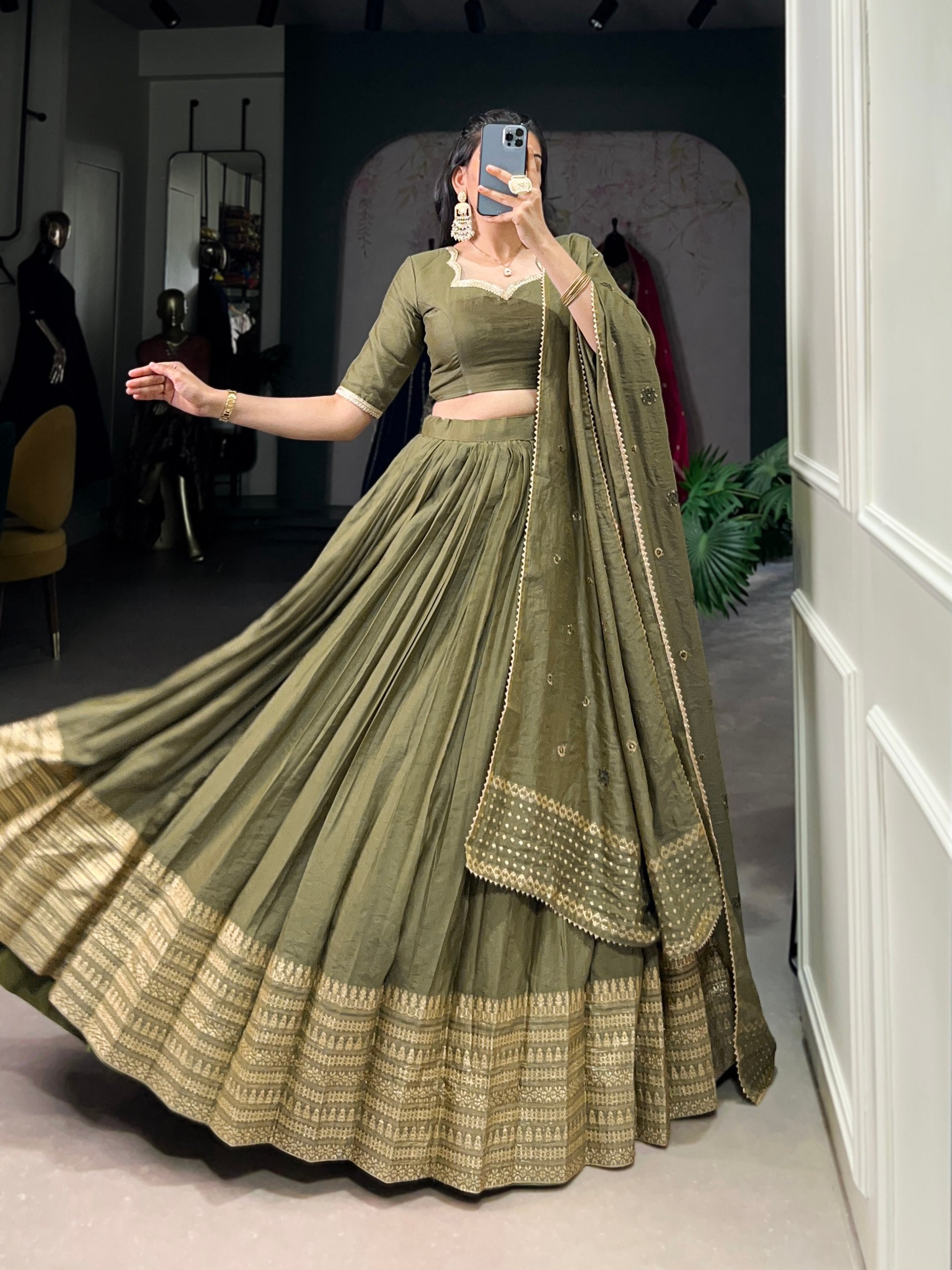 Mehendi Timeless Elegance – Pure Chanderi Lehenga Set with Zari Border & Sequin Embellished Dupatta ClothsVilla