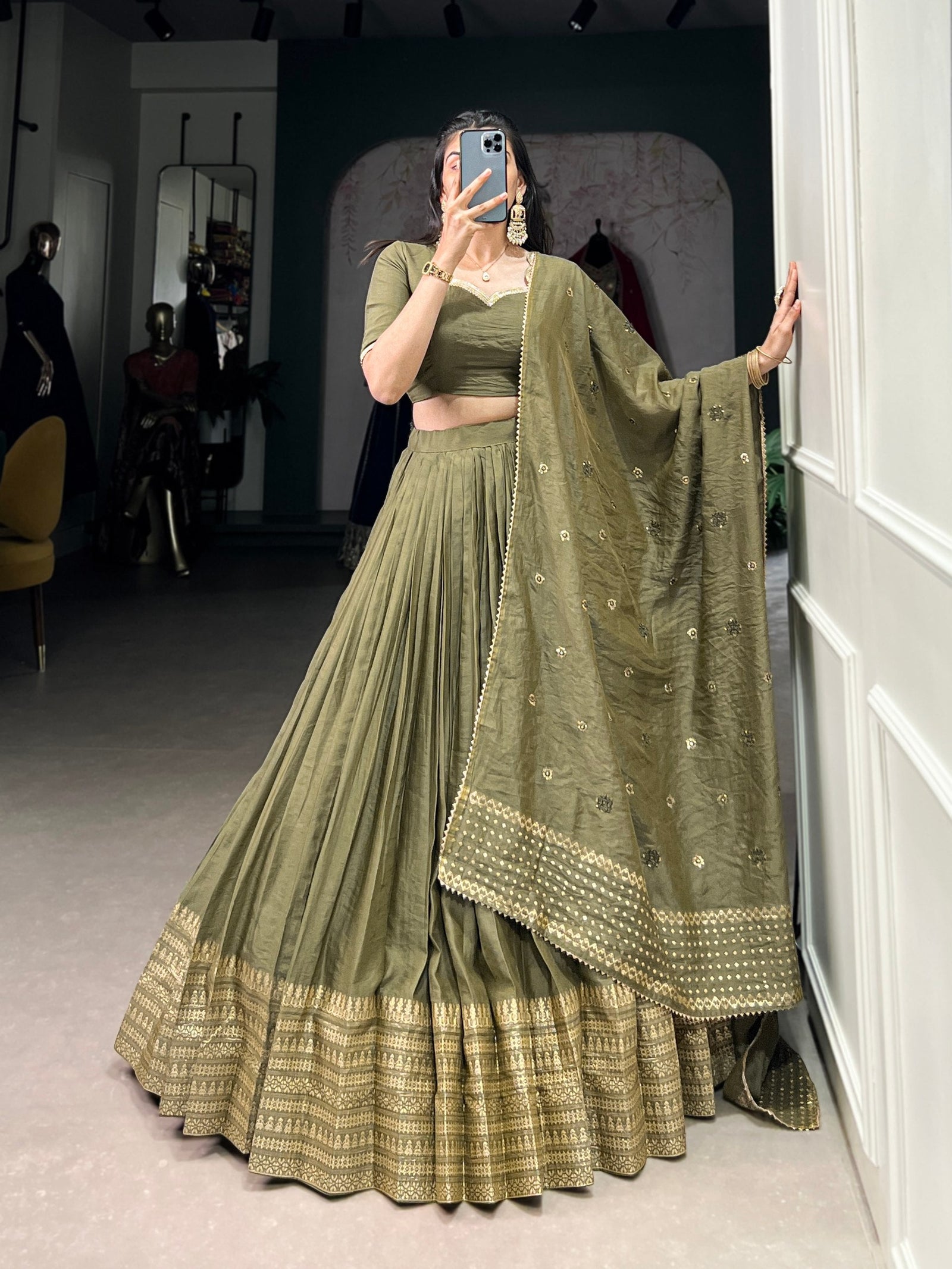 Mehendi Timeless Elegance – Pure Chanderi Lehenga Set with Zari Border & Sequin Embellished Dupatta ClothsVilla
