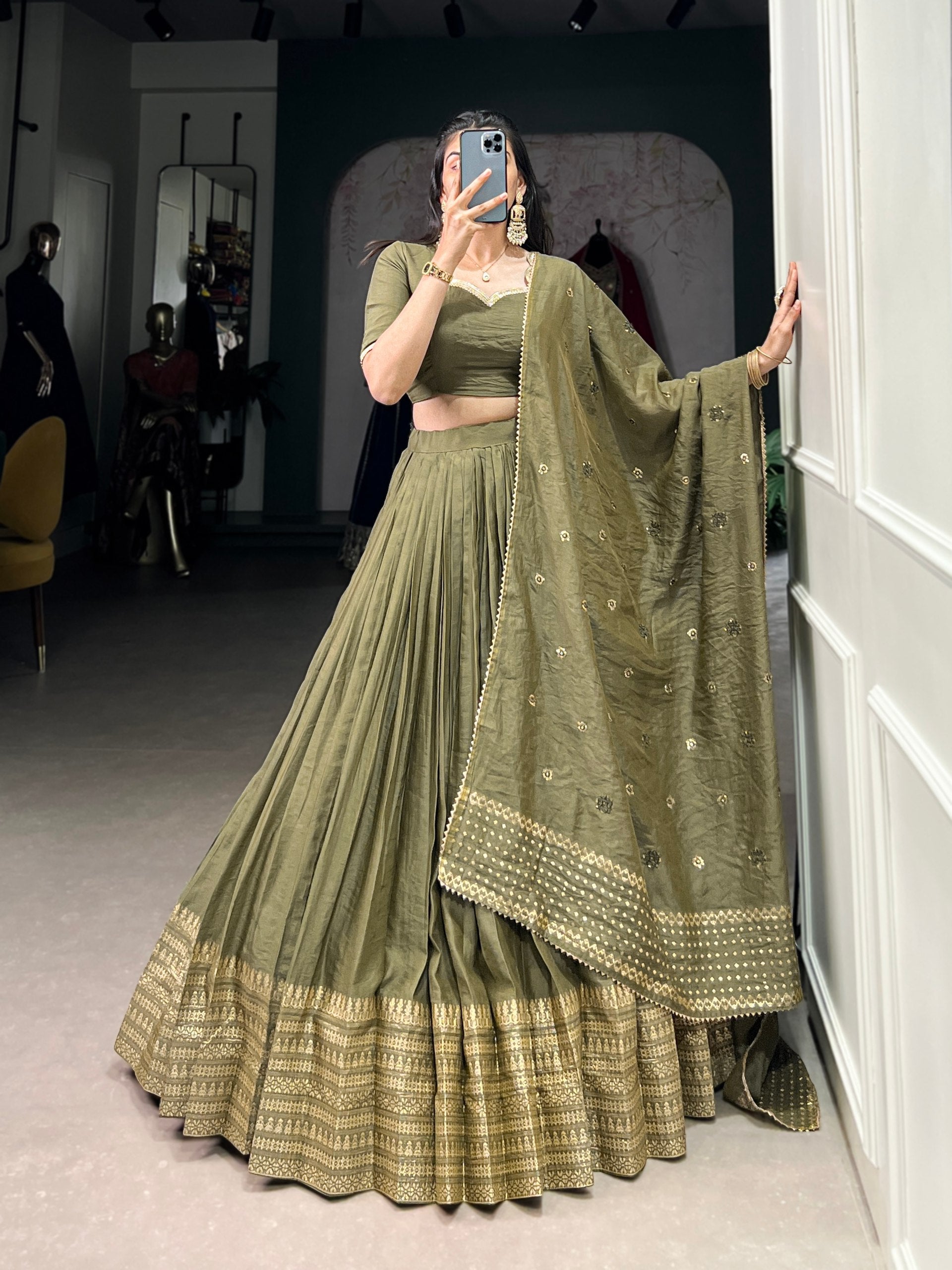 Mehendi Timeless Elegance – Pure Chanderi Lehenga Set with Zari Border & Sequin Embellished Dupatta ClothsVilla