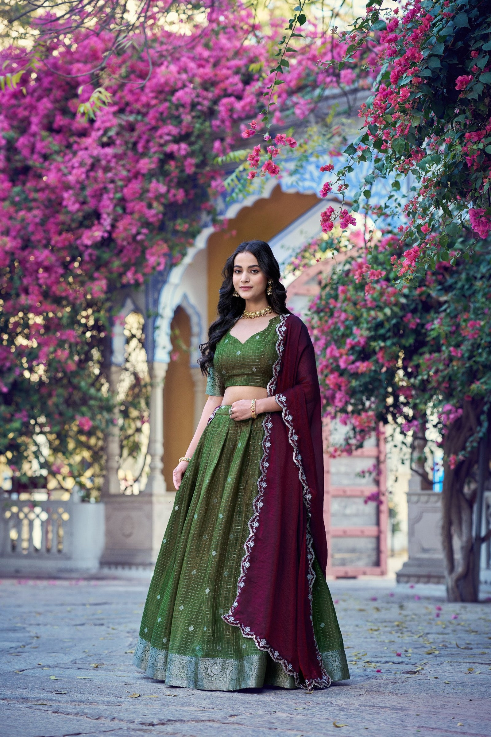 Mehendi Traditional Festive Checks Lehenga Set ClothsVilla