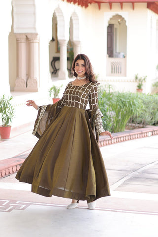 Mehendi Vichitra Sequins & Zari Embroidered Gown with 4.2-Meter Flair & Matching Embroidered Dupatta – Full-Sleeve Designer Anarkali Gown Set ClothsVilla