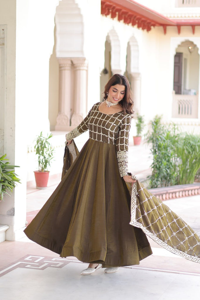 Mehendi Vichitra Sequins & Zari Embroidered Gown with 4.2-Meter Flair & Matching Embroidered Dupatta – Full-Sleeve Designer Anarkali Gown Set ClothsVilla