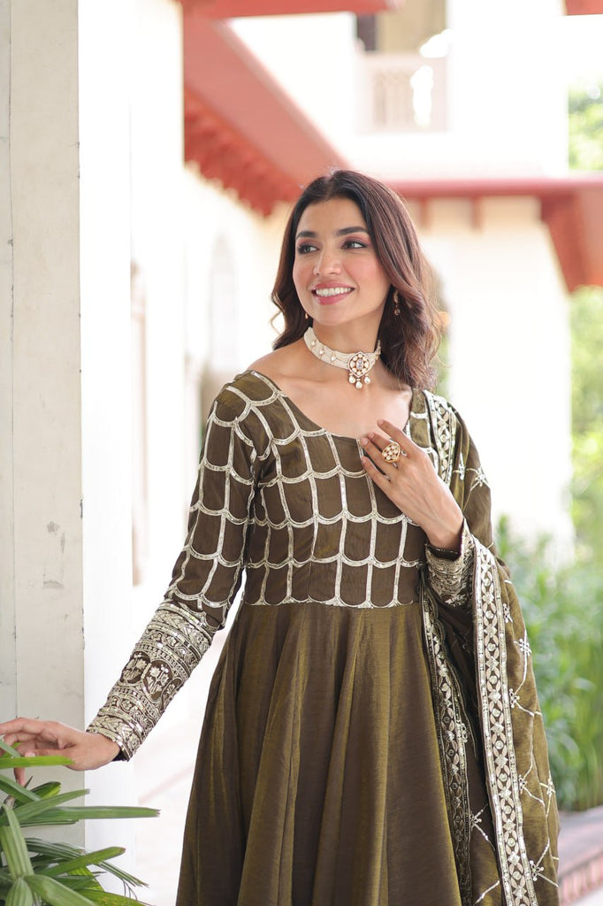 Mehendi Vichitra Sequins & Zari Embroidered Gown with 4.2-Meter Flair & Matching Embroidered Dupatta – Full-Sleeve Designer Anarkali Gown Set ClothsVilla