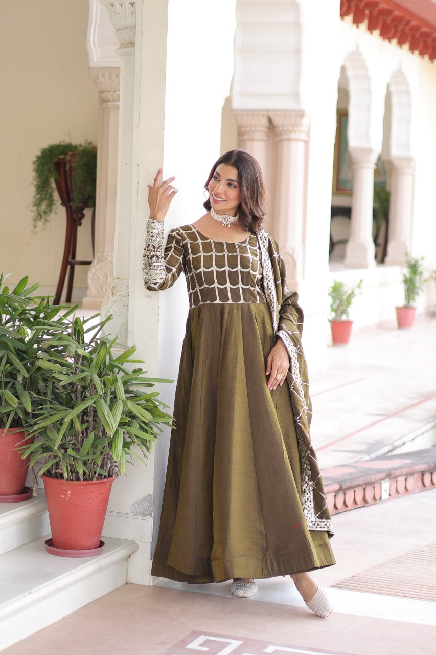 Mehendi Vichitra Sequins & Zari Embroidered Gown with 4.2-Meter Flair & Matching Embroidered Dupatta – Full-Sleeve Designer Anarkali Gown Set ClothsVilla