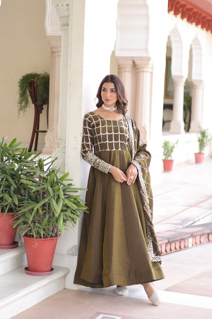 Mehendi Vichitra Sequins & Zari Embroidered Gown with 4.2-Meter Flair & Matching Embroidered Dupatta – Full-Sleeve Designer Anarkali Gown Set ClothsVilla