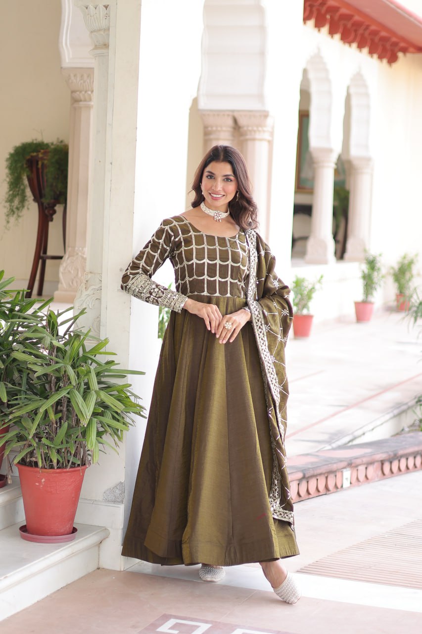 Mehendi Vichitra Sequins & Zari Embroidered Gown with 4.2-Meter Flair & Matching Embroidered Dupatta – Full-Sleeve Designer Anarkali Gown Set ClothsVilla