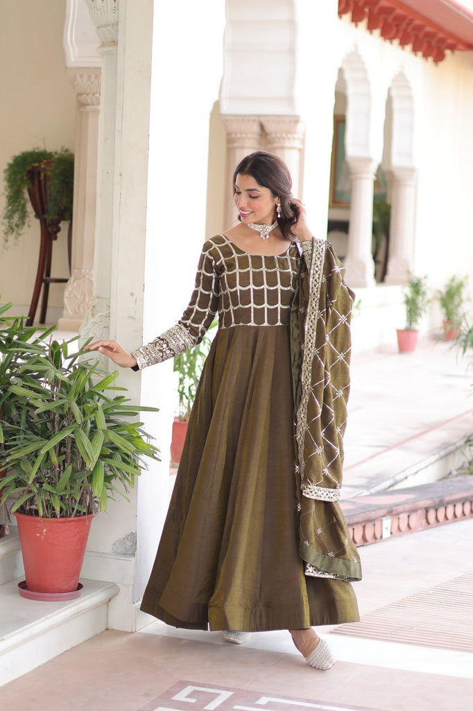 Mehendi Vichitra Sequins & Zari Embroidered Gown with 4.2-Meter Flair & Matching Embroidered Dupatta – Full-Sleeve Designer Anarkali Gown Set ClothsVilla