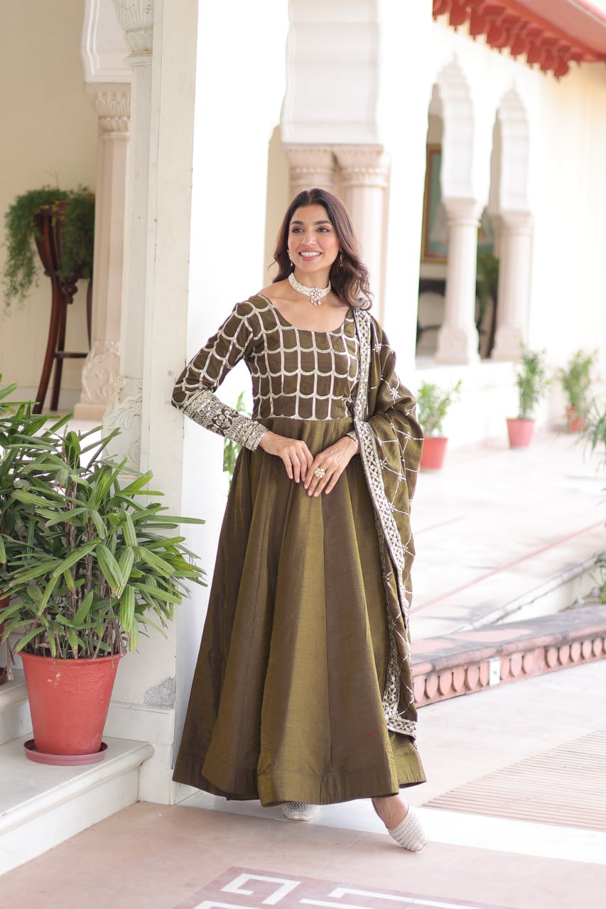 Mehendi Vichitra Sequins & Zari Embroidered Gown with 4.2-Meter Flair & Matching Embroidered Dupatta – Full-Sleeve Designer Anarkali Gown Set ClothsVilla