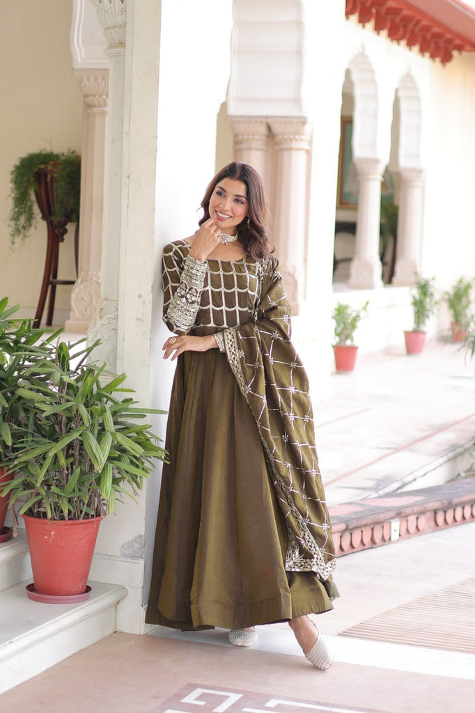 Mehendi Vichitra Sequins & Zari Embroidered Gown with 4.2-Meter Flair & Matching Embroidered Dupatta – Full-Sleeve Designer Anarkali Gown Set ClothsVilla