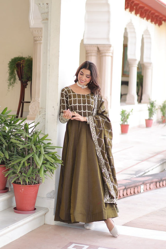 Mehendi Vichitra Sequins & Zari Embroidered Gown with 4.2-Meter Flair & Matching Embroidered Dupatta – Full-Sleeve Designer Anarkali Gown Set ClothsVilla