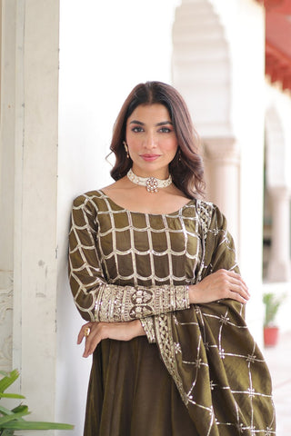 Mehendi Vichitra Sequins & Zari Embroidered Gown with 4.2-Meter Flair & Matching Embroidered Dupatta – Full-Sleeve Designer Anarkali Gown Set ClothsVilla