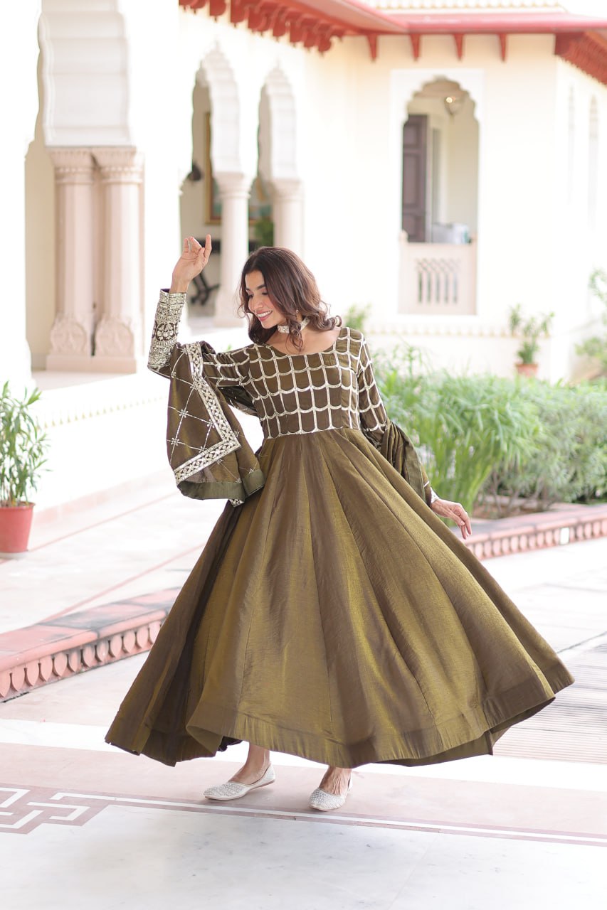 Mehendi Vichitra Sequins & Zari Embroidered Gown with 4.2-Meter Flair & Matching Embroidered Dupatta – Full-Sleeve Designer Anarkali Gown Set ClothsVilla