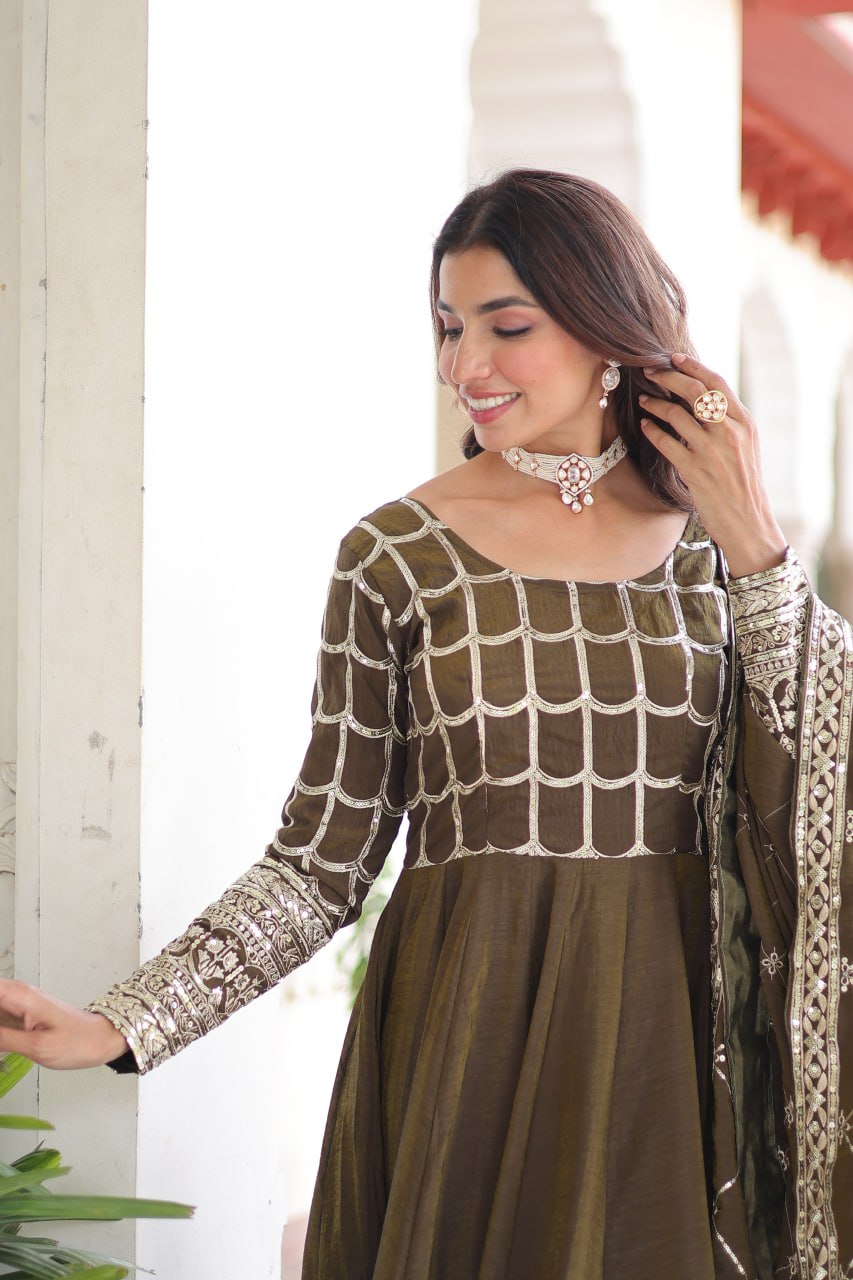 Mehendi Vichitra Sequins & Zari Embroidered Gown with 4.2-Meter Flair & Matching Embroidered Dupatta – Full-Sleeve Designer Anarkali Gown Set ClothsVilla