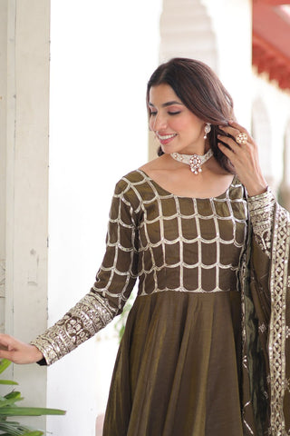 Mehendi Vichitra Sequins & Zari Embroidered Gown with 4.2-Meter Flair & Matching Embroidered Dupatta – Full-Sleeve Designer Anarkali Gown Set ClothsVilla