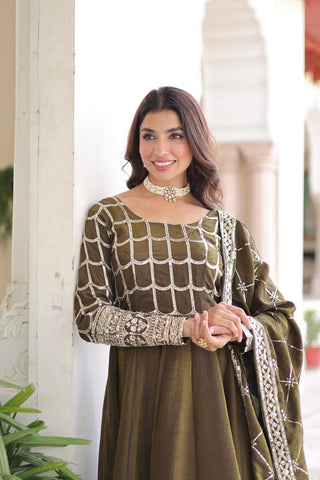 Mehendi Vichitra Sequins & Zari Embroidered Gown with 4.2-Meter Flair & Matching Embroidered Dupatta – Full-Sleeve Designer Anarkali Gown Set ClothsVilla