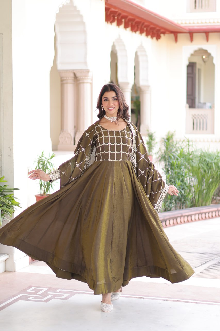 Mehendi Vichitra Sequins & Zari Embroidered Gown with 4.2-Meter Flair & Matching Embroidered Dupatta – Full-Sleeve Designer Anarkali Gown Set ClothsVilla