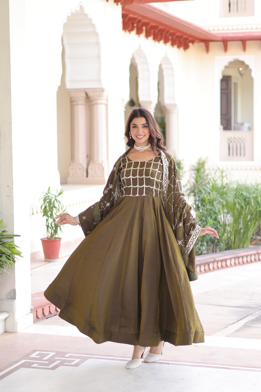 Mehendi Vichitra Sequins & Zari Embroidered Gown with 4.2-Meter Flair & Matching Embroidered Dupatta – Full-Sleeve Designer Anarkali Gown Set ClothsVilla