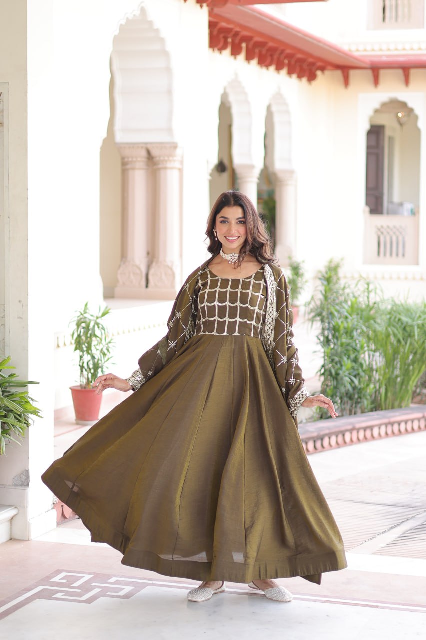 Mehendi Vichitra Sequins & Zari Embroidered Gown with 4.2-Meter Flair & Matching Embroidered Dupatta – Full-Sleeve Designer Anarkali Gown Set ClothsVilla