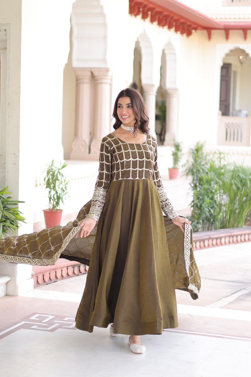 Mehendi Vichitra Sequins & Zari Embroidered Gown with 4.2-Meter Flair & Matching Embroidered Dupatta – Full-Sleeve Designer Anarkali Gown Set ClothsVilla