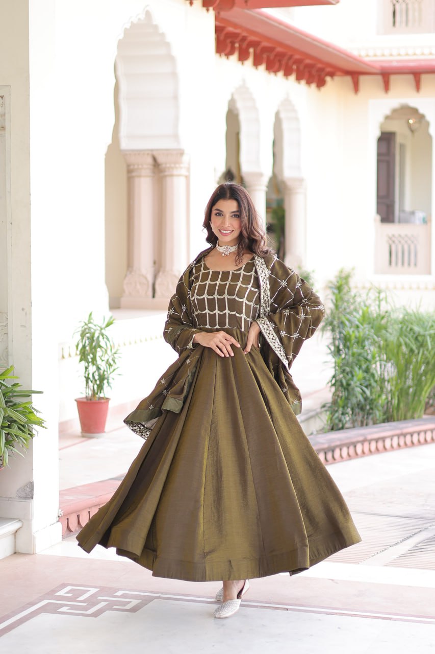 Mehendi Vichitra Sequins & Zari Embroidered Gown with 4.2-Meter Flair & Matching Embroidered Dupatta – Full-Sleeve Designer Anarkali Gown Set ClothsVilla