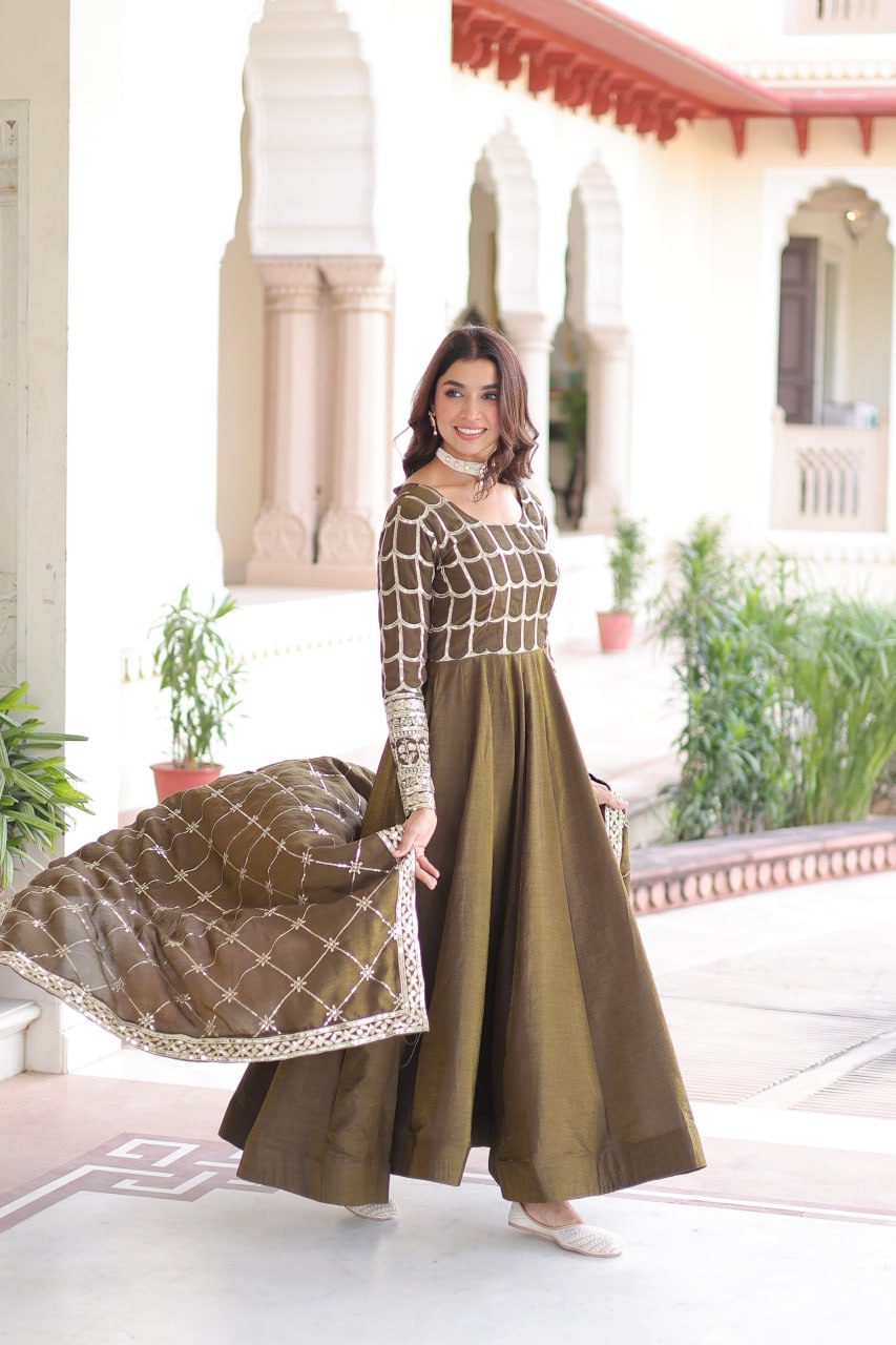 Mehendi Vichitra Sequins & Zari Embroidered Gown with 4.2-Meter Flair & Matching Embroidered Dupatta – Full-Sleeve Designer Anarkali Gown Set ClothsVilla