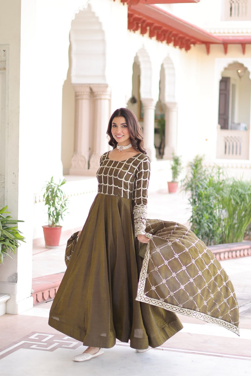 Mehendi Vichitra Sequins & Zari Embroidered Gown with 4.2-Meter Flair & Matching Embroidered Dupatta – Full-Sleeve Designer Anarkali Gown Set ClothsVilla