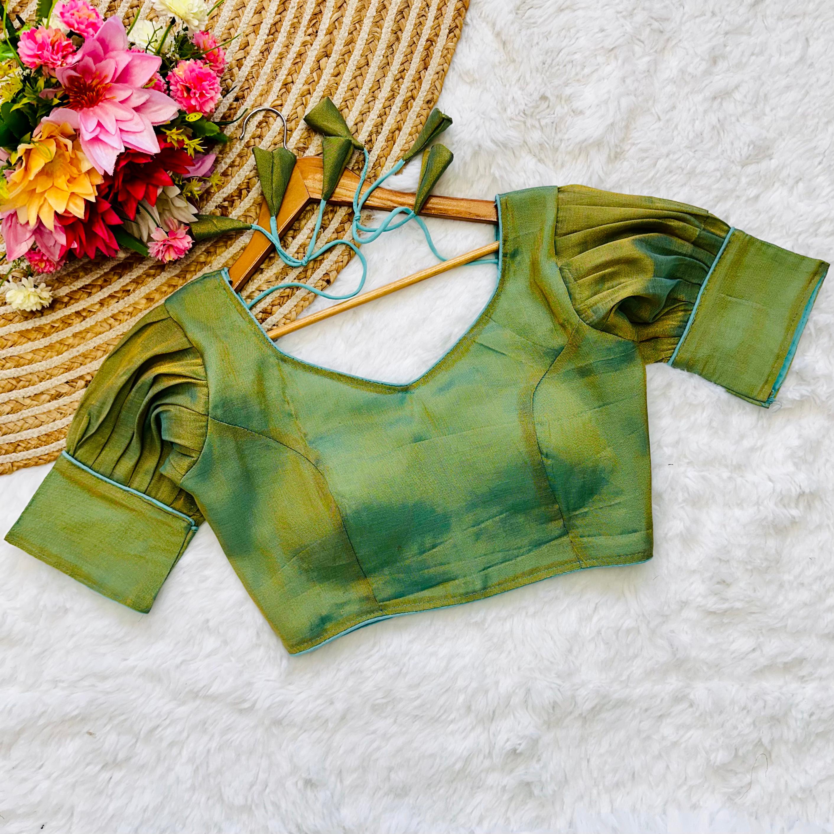 Mehndi and Sky Blue Shade Jari Weaving Blouse in Jari Kobra Fabric ClothsVilla Main image