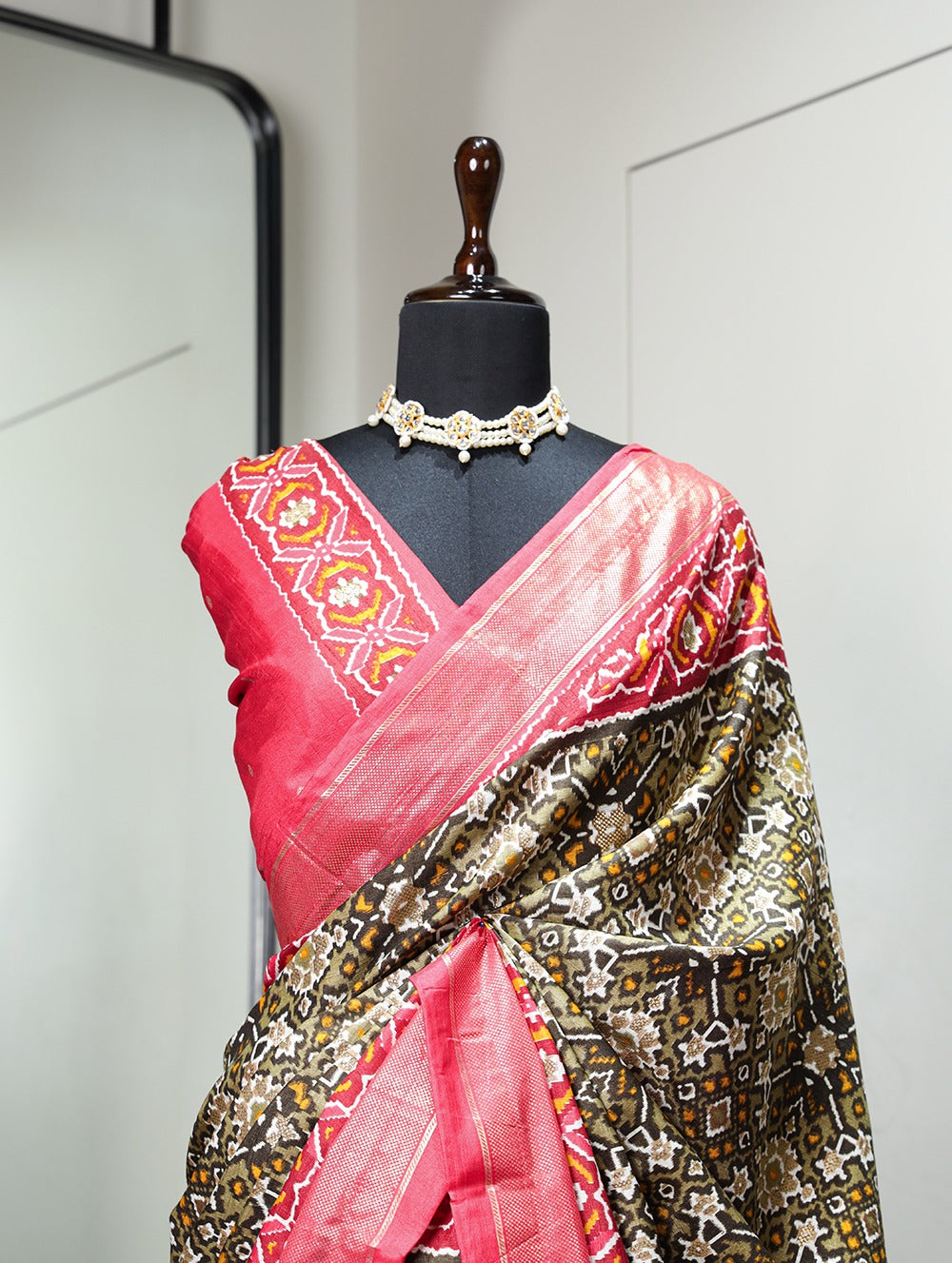 Mehndi Color Patola Printed Dola Silk Saree Clothsvilla