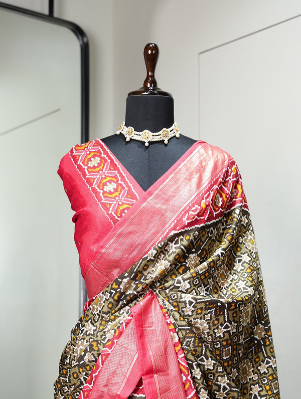 Mehndi Color Patola Printed Dola Silk Saree Clothsvilla