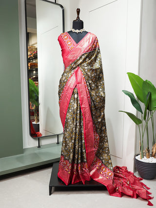 Mehndi Color Patola Printed Dola Silk Saree Clothsvilla