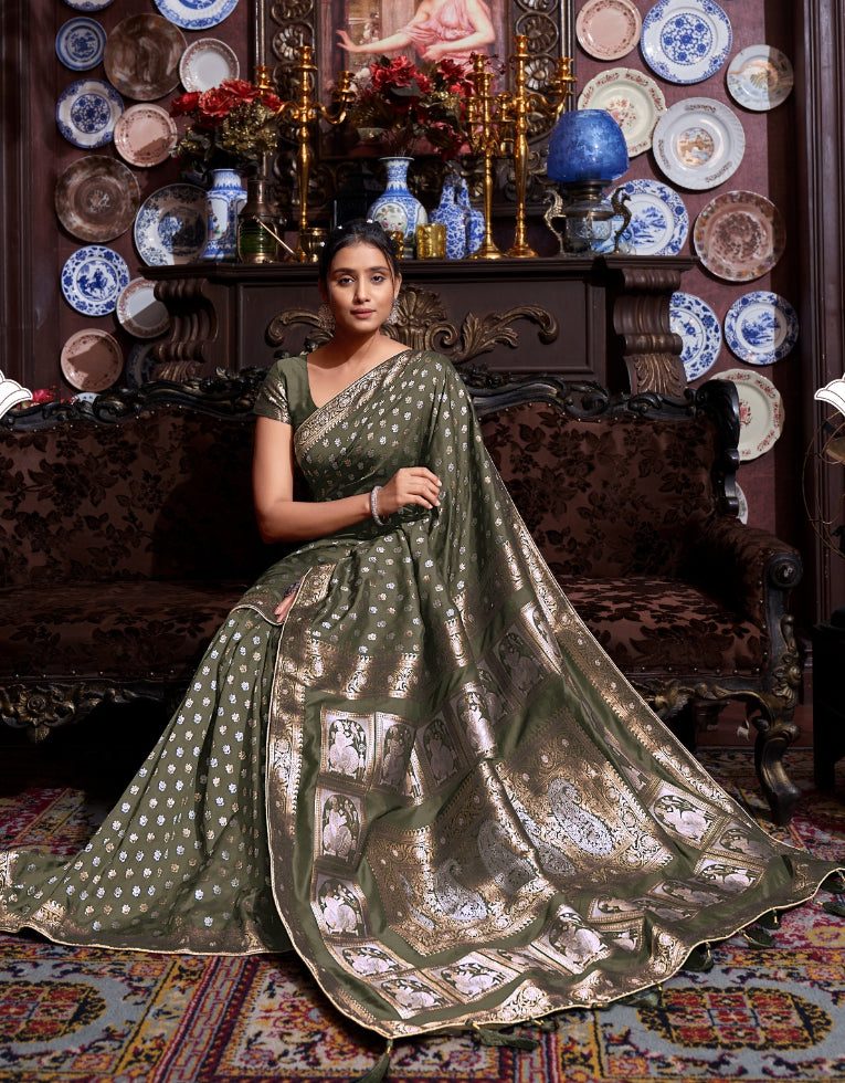 Mehndi Color Soft Silk Silver Zari Woven Banarasi saree ClothsVilla