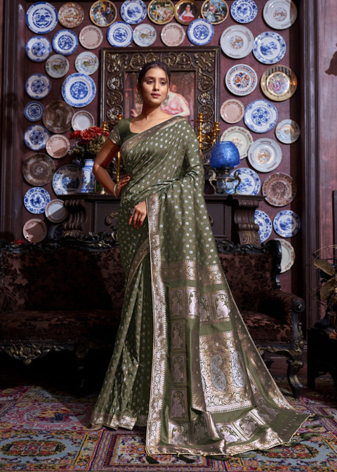 Mehndi Color Soft Silk Silver Zari Woven Banarasi saree ClothsVilla Main image
