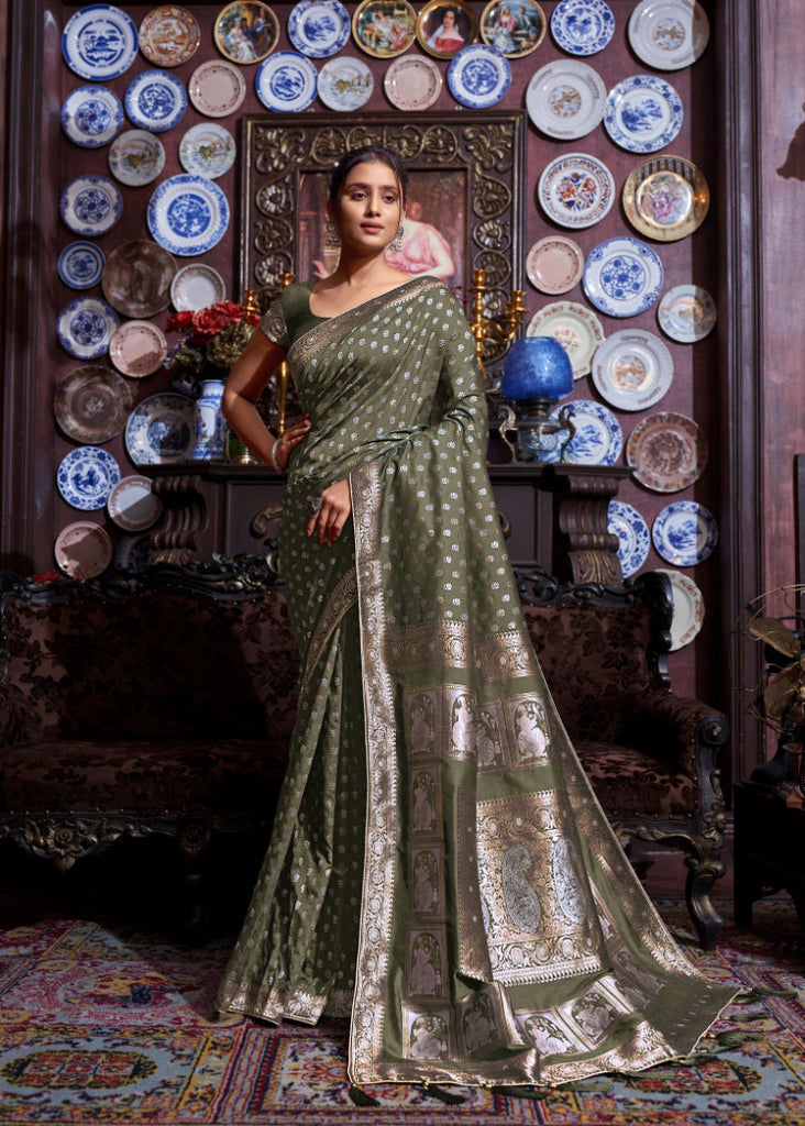Mehndi Color Soft Silk Silver Zari Woven Banarasi saree ClothsVilla