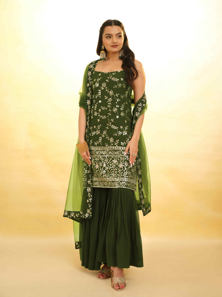 Mehndi Green Georgette Suit with Embroidery and Shantoon Bottom ClothsVilla