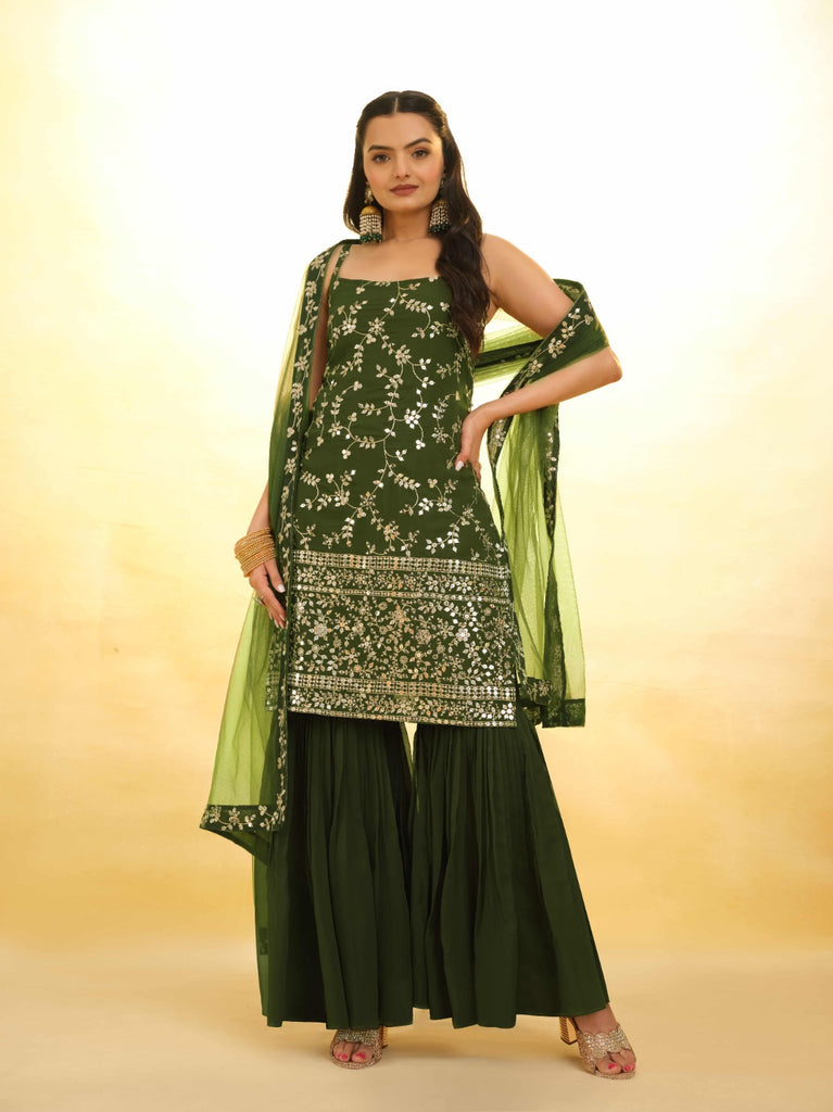 Mehndi Green Georgette Suit with Embroidery and Shantoon Bottom ClothsVilla